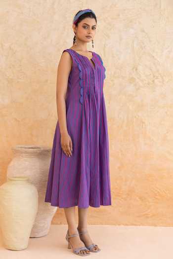 Buy_Moontara_Blue Cotton Split V-neck Marina Midi Dress _Online_at_Aza_Fashions