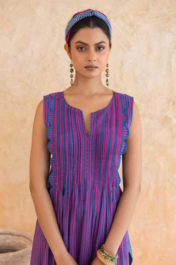 Shop_Moontara_Blue Cotton Split V-neck Marina Midi Dress _Online_at_Aza_Fashions