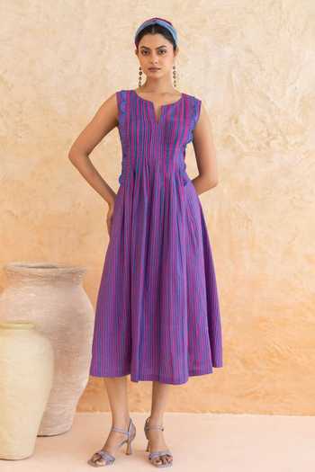 Moontara_Blue Cotton Split V-neck Marina Midi Dress _at_Aza_Fashions