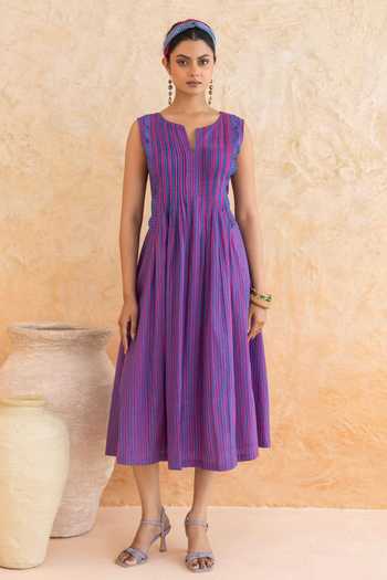 Buy_Moontara_Blue Cotton Split V-neck Marina Midi Dress 