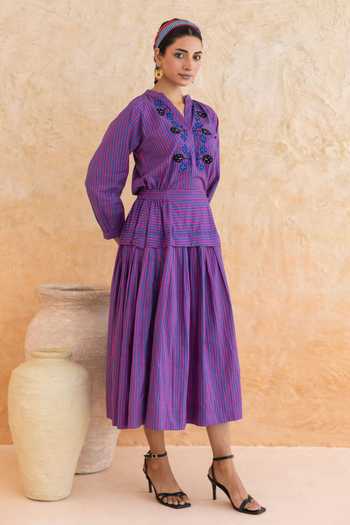 Moontara_Blue Cotton V-neck Maya Stripe Pattern Dress _Online_at_Aza_Fashions
