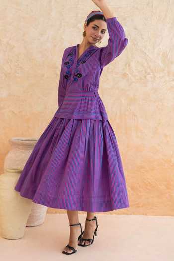 Buy_Moontara_Blue Cotton V-neck Maya Stripe Pattern Dress _Online_at_Aza_Fashions