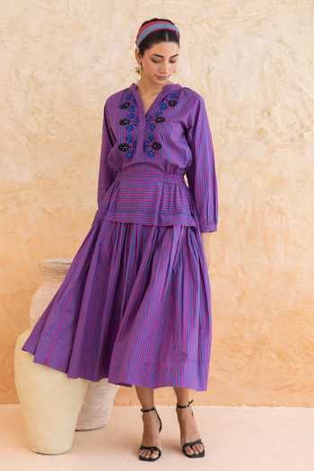 Shop_Moontara_Blue Cotton V-neck Maya Stripe Pattern Dress _Online_at_Aza_Fashions