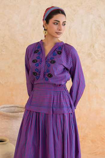 Moontara_Blue Cotton V-neck Maya Stripe Pattern Dress _at_Aza_Fashions