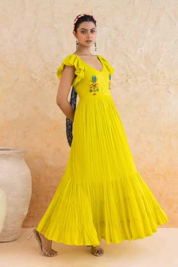 Moontara_Yellow Cotton, Voile Scoop Neck Limmon Maxi Dress _Online_at_Aza_Fashions
