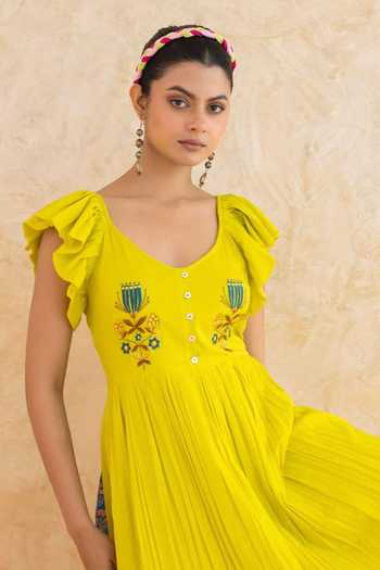 Buy_Moontara_Yellow Cotton, Voile Scoop Neck Limmon Maxi Dress _Online_at_Aza_Fashions