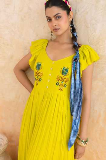 Shop_Moontara_Yellow Cotton, Voile Scoop Neck Limmon Maxi Dress _Online_at_Aza_Fashions