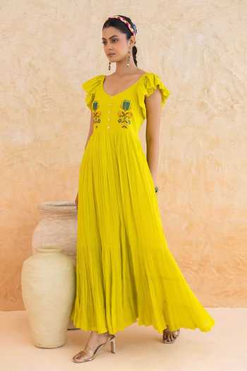 Moontara_Yellow Cotton, Voile Scoop Neck Limmon Maxi Dress _at_Aza_Fashions