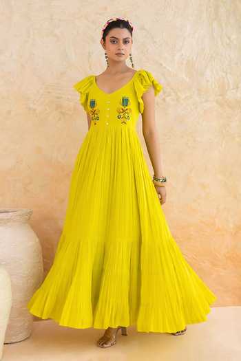 Buy_Moontara_Yellow Cotton, Voile Scoop Neck Limmon Maxi Dress 