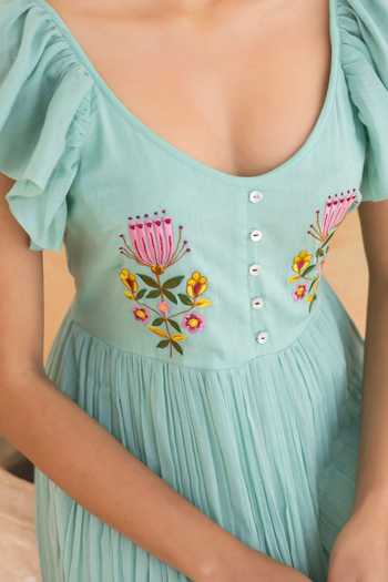 Moontara_Green Cotton, Voile Scoop Neck Rosie Ombre Dress _Online_at_Aza_Fashions
