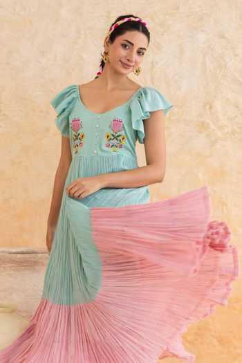 Buy_Moontara_Green Cotton, Voile Scoop Neck Rosie Ombre Dress _Online_at_Aza_Fashions