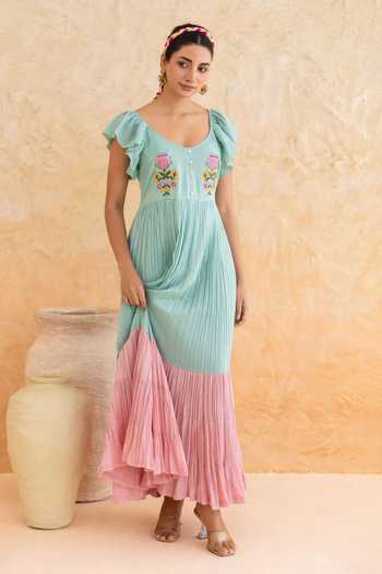 Shop_Moontara_Green Cotton, Voile Scoop Neck Rosie Ombre Dress _Online_at_Aza_Fashions