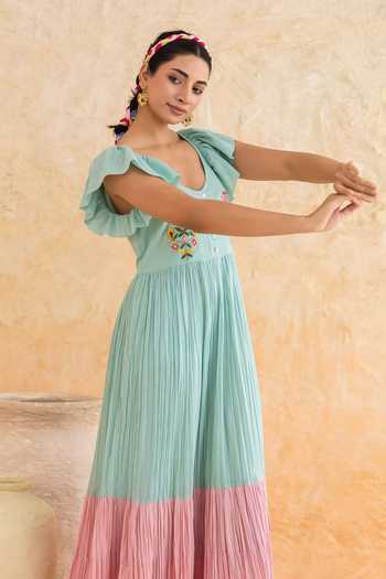 Moontara_Green Cotton, Voile Scoop Neck Rosie Ombre Dress _at_Aza_Fashions