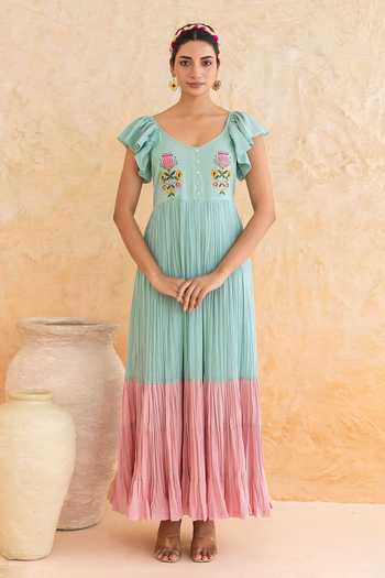 Buy_Moontara_Green Cotton, Voile Scoop Neck Rosie Ombre Dress 