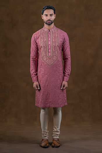 Punit Arora_Pink Silk Tonal Embroidered Kurta Set _at_Aza_Fashions