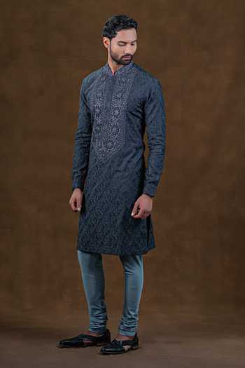 Buy_Punit Arora_Grey Silk Straight Embroidered Kurta Set _Online_at_Aza_Fashions