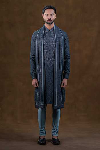 Shop_Punit Arora_Grey Silk Straight Embroidered Kurta Set _Online_at_Aza_Fashions