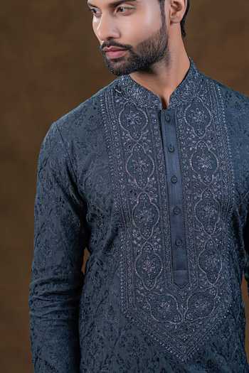 Punit Arora_Grey Silk Straight Embroidered Kurta Set _at_Aza_Fashions