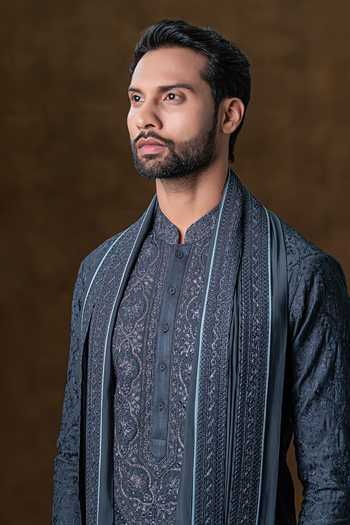 Buy_Punit Arora_Grey Silk Straight Embroidered Kurta Set 