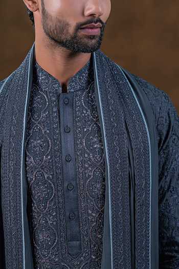 Shop_Punit Arora_Grey Silk Straight Embroidered Kurta Set 