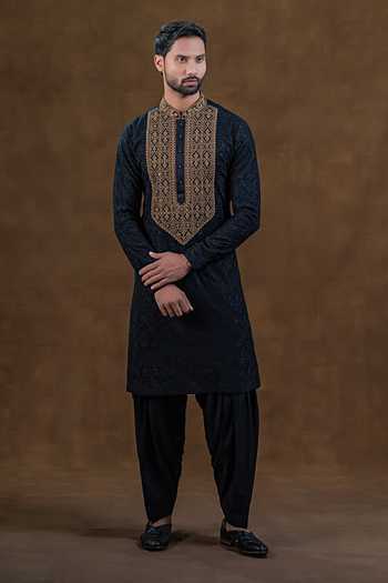 Punit Arora_Black Silk Embroidered Placket Kurta Set _Online_at_Aza_Fashions