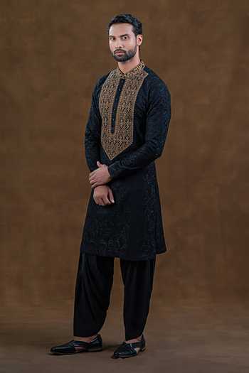 Shop_Punit Arora_Black Silk Embroidered Placket Kurta Set _Online_at_Aza_Fashions