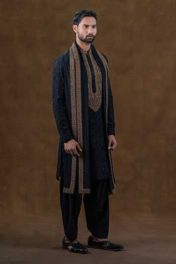 Punit Arora_Black Silk Embroidered Placket Kurta Set _at_Aza_Fashions