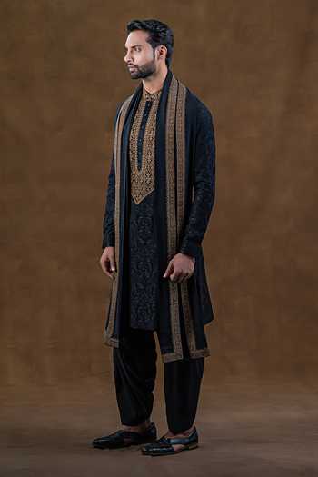 Buy_Punit Arora_Black Silk Embroidered Placket Kurta Set 