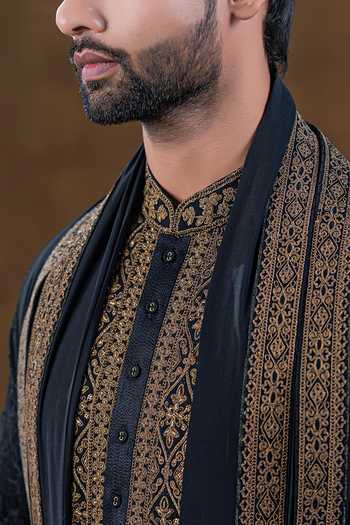 Shop_Punit Arora_Black Silk Embroidered Placket Kurta Set 