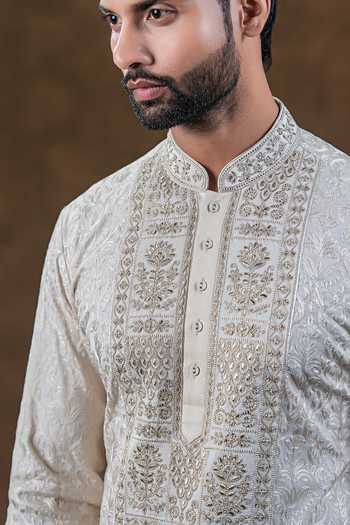Shop_Punit Arora_Ivory Silk Embroidered Kurta And Churidar Set _Online_at_Aza_Fashions
