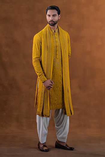 Punit Arora Mustard Silk Tonal Embroidered Kurta Set Online at Aza Fashions Punit Arora_Mustard Silk Tonal Embroidered Kurta Set _Online_at_Aza_Fashions