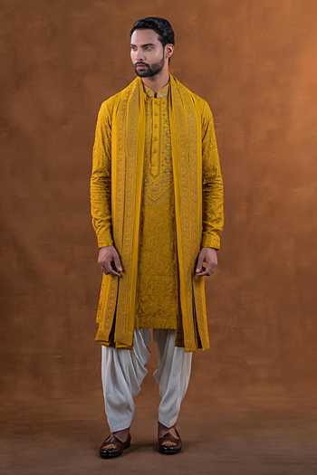Punit Arora Mustard Silk Tonal Embroidered Kurta Set at Aza Fashions Punit Arora_Mustard Silk Tonal Embroidered Kurta Set _at_Aza_Fashions