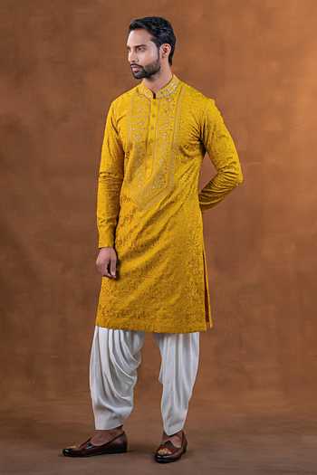 Buy Punit Arora Mustard Silk Tonal Embroidered Kurta Set Buy_Punit Arora_Mustard Silk Tonal Embroidered Kurta Set