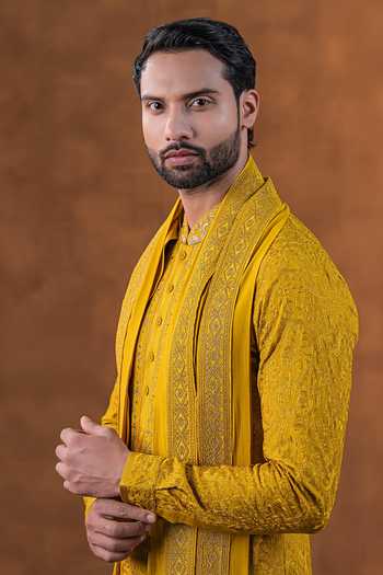 Shop Punit Arora Mustard Silk Tonal Embroidered Kurta Set Shop_Punit Arora_Mustard Silk Tonal Embroidered Kurta Set