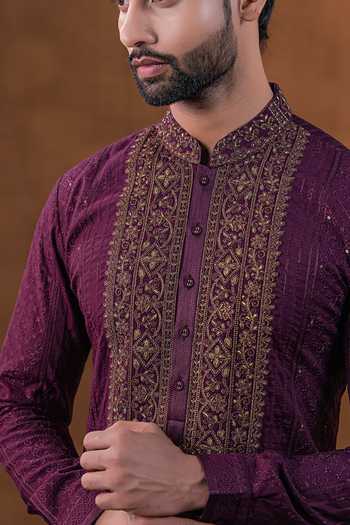 Punit Arora Wine Silk Embroidered Placket Kurta Set Online at Aza Fashions Punit Arora_Wine Silk Embroidered Placket Kurta Set _Online_at_Aza_Fashions
