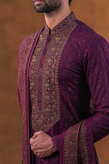 Shop Punit Arora Wine Silk Embroidered Placket Kurta Set Online at Aza Fashions Shop_Punit Arora_Wine Silk Embroidered Placket Kurta Set _Online_at_Aza_Fashions