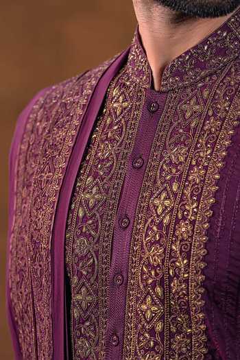 Shop Punit Arora Wine Silk Embroidered Placket Kurta Set Shop_Punit Arora_Wine Silk Embroidered Placket Kurta Set