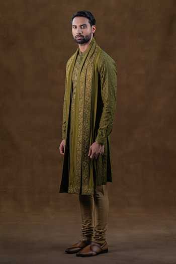 Shop_Punit Arora_Olive Green Silk Tonal Embroidered Kurta Set _Online_at_Aza_Fashions