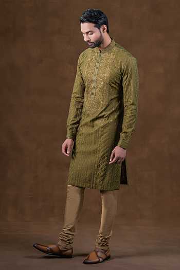 Shop_Punit Arora_Olive Green Silk Tonal Embroidered Kurta Set 