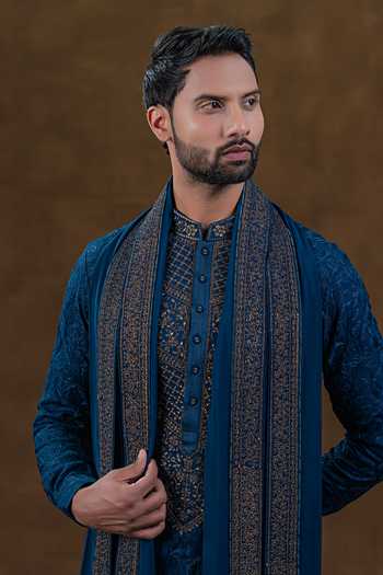 Punit Arora Blue Silk Tonal Embroidered Kurta Set Online at Aza Fashions Punit Arora_Blue Silk Tonal Embroidered Kurta Set _Online_at_Aza_Fashions