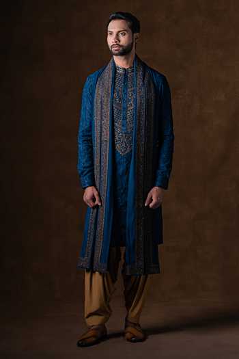 Shop Punit Arora Blue Silk Tonal Embroidered Kurta Set Online at Aza Fashions Shop_Punit Arora_Blue Silk Tonal Embroidered Kurta Set _Online_at_Aza_Fashions