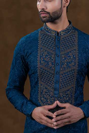 Buy Punit Arora Blue Silk Tonal Embroidered Kurta Set Buy_Punit Arora_Blue Silk Tonal Embroidered Kurta Set