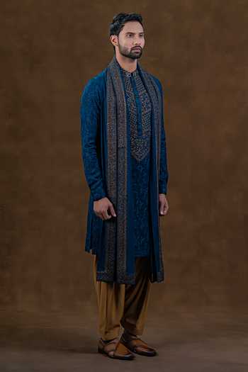 Shop Punit Arora Blue Silk Tonal Embroidered Kurta Set Shop_Punit Arora_Blue Silk Tonal Embroidered Kurta Set