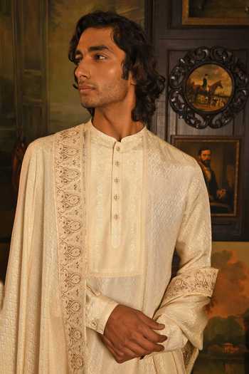 Shop_Punit Arora_Beige Silk Dori Embroidered Sherwani Set _Online_at_Aza_Fashions