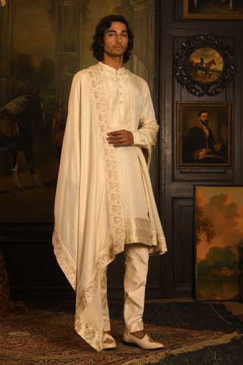 Punit Arora_Beige Silk Dori Embroidered Sherwani Set _at_Aza_Fashions