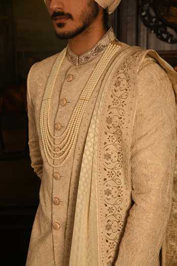 Buy_Punit Arora_Ivory Silk Tonal Floral Pattern Sherwani Set _Online_at_Aza_Fashions
