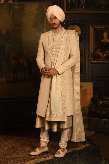 Buy_Punit Arora_Ivory Silk Tonal Floral Pattern Sherwani Set 