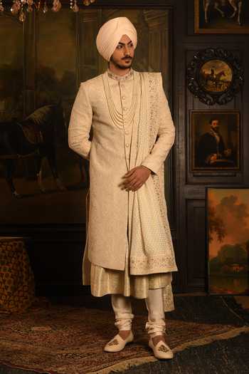 Shop_Punit Arora_Ivory Silk Tonal Floral Pattern Sherwani Set 
