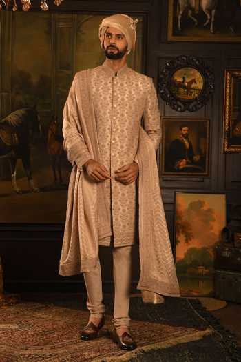 Punit Arora_Gold Silk The Grandeur Sherwani Set _at_Aza_Fashions