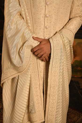 Punit Arora_Beige Silk Embroidered Sherwani Set _Online_at_Aza_Fashions